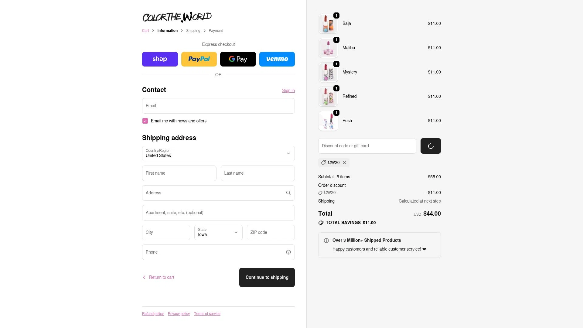 Color The World checkout page showing Color The World discount code box | Screenshot taken by SimplyCodes community member on Feb 17, 2026