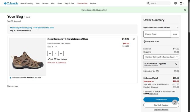 Columbia Sportswear checkout page showing Columbia Sportswear promo code box | Screenshot taken by SimplyCodes community member on Aug 13, 2025