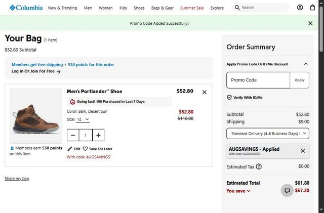 Columbia Sportswear checkout page showing Columbia Sportswear promo code box | Screenshot taken by SimplyCodes community member on Aug 7, 2025