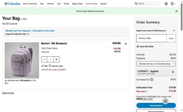 Columbia Sportswear checkout page showing Columbia Sportswear promo code box | Screenshot taken by SimplyCodes community member on Aug 25, 2025