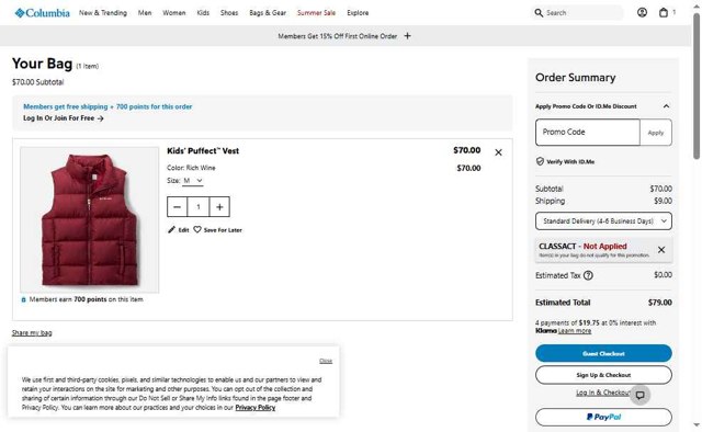 Columbia Sportswear checkout page showing Columbia Sportswear promo code box | Screenshot taken by SimplyCodes community member on Aug 25, 2025