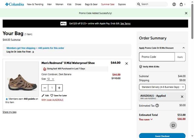 Columbia Sportswear checkout page showing Columbia Sportswear promo code box | Screenshot taken by SimplyCodes community member on Aug 5, 2025