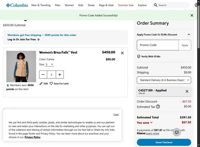 Columbia Sportswear checkout page showing Columbia Sportswear promo code box | Screenshot taken by SimplyCodes community member on Aug 20, 2025