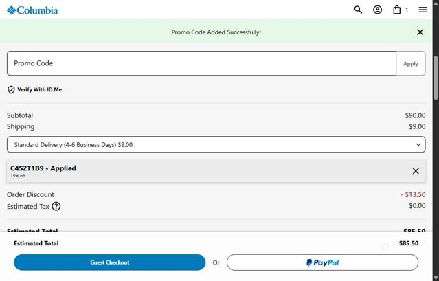 Columbia Sportswear checkout page showing Columbia Sportswear promo code box | Screenshot taken by SimplyCodes community member on Aug 28, 2025