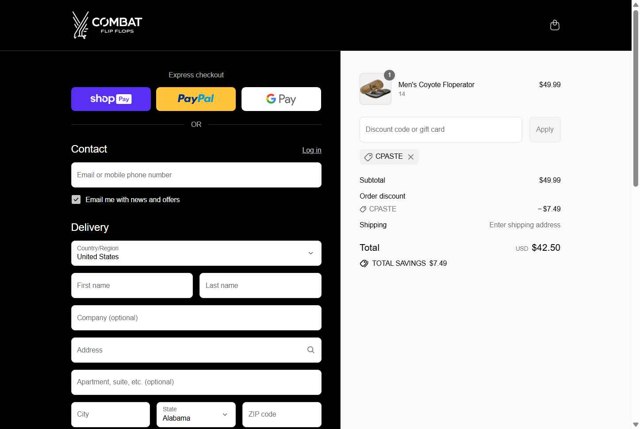 Combat Flip Flops checkout page showing Combat Flip Flops discount code box | Screenshot taken by SimplyCodes community member on Aug 22, 2025