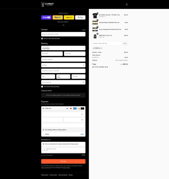 Combat Flip Flops checkout page showing Combat Flip Flops discount code box | Screenshot taken by SimplyCodes community member on Aug 27, 2025