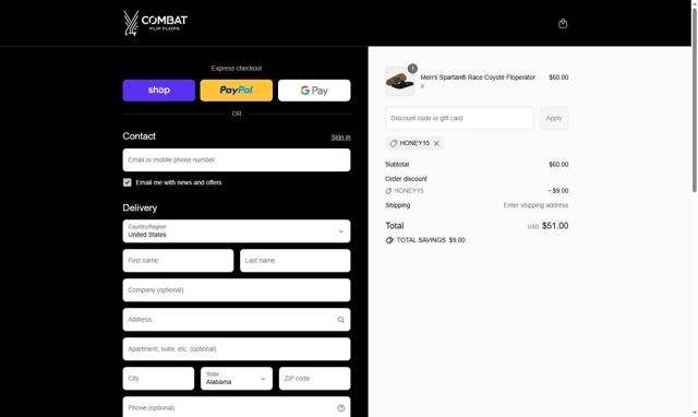 Combat Flip Flops checkout page showing Combat Flip Flops discount code box | Screenshot taken by SimplyCodes community member on Sep 12, 2025
