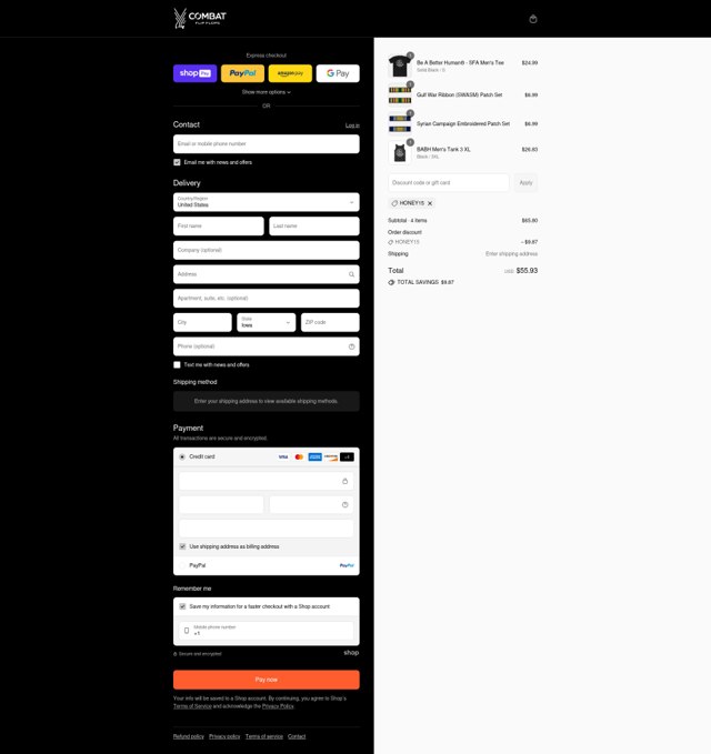 Combat Flip Flops checkout page showing Combat Flip Flops discount code box | Screenshot taken by SimplyCodes community member on Aug 27, 2025