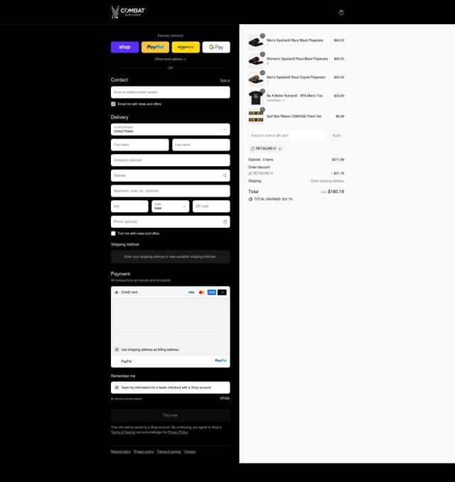 Combat Flip Flops checkout page showing Combat Flip Flops discount code box | Screenshot taken by SimplyCodes community member on Sep 12, 2025