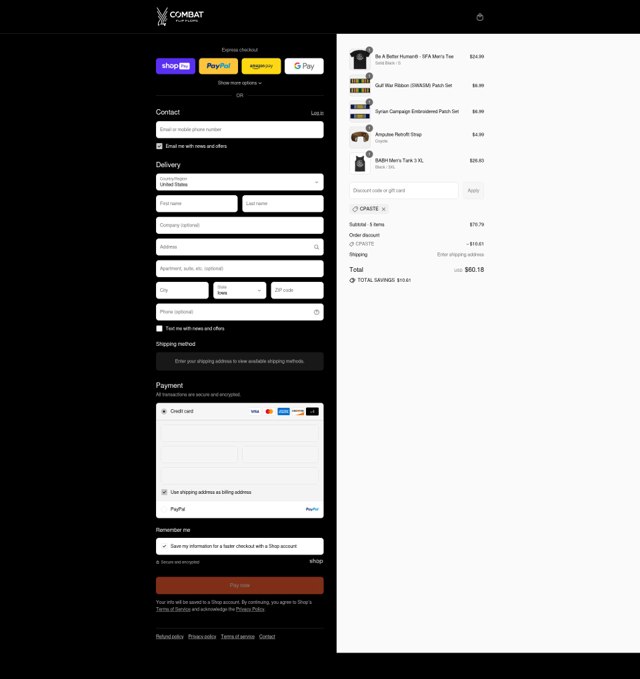 Combat Flip Flops checkout page showing Combat Flip Flops discount code box | Screenshot taken by SimplyCodes community member on Aug 22, 2025