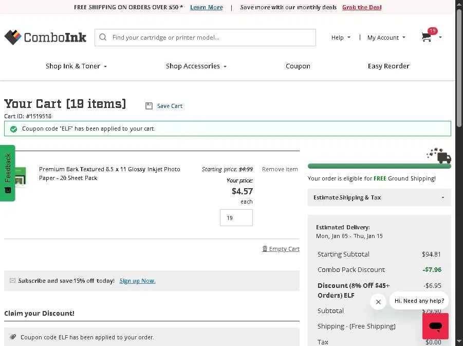 ComboInk checkout page showing ComboInk coupon code box | Screenshot taken by SimplyCodes community member on Dec 31, 2025