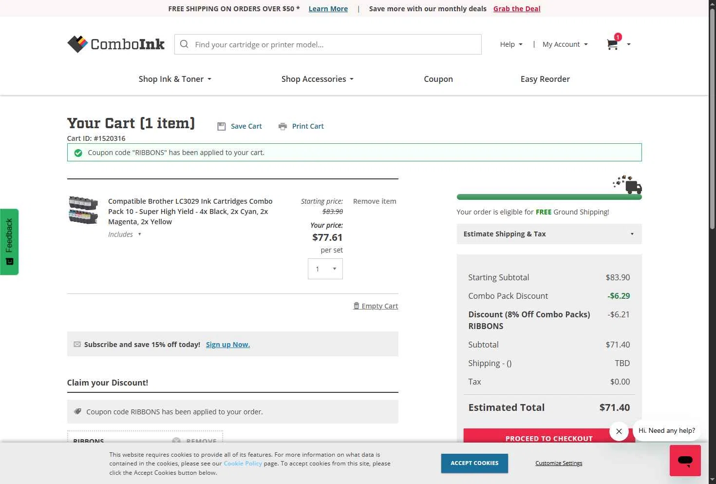 ComboInk checkout page showing ComboInk coupon code box | Screenshot taken by SimplyCodes community member on Jan 2, 2026