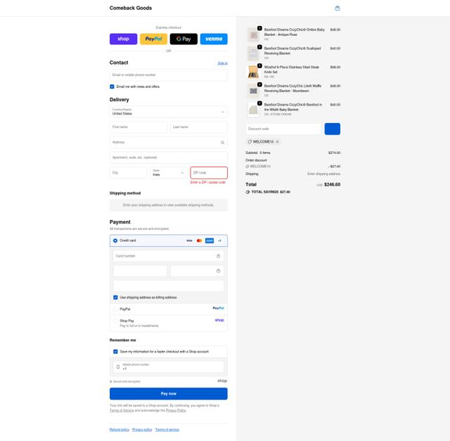 Comeback Goods checkout page showing Comeback Goods promo code box | Screenshot taken by SimplyCodes community member on Sep 23, 2025