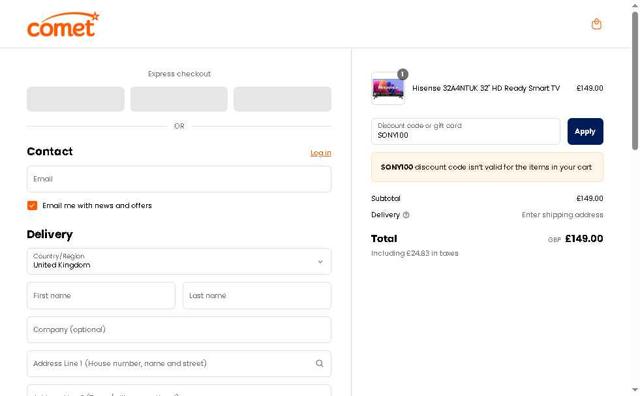 Comet checkout page showing Comet discount code box | Screenshot taken by SimplyCodes community member on Apr 30, 2025