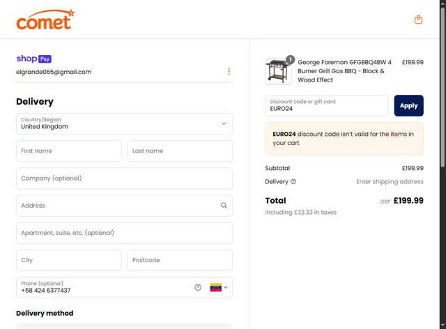 Comet checkout page showing Comet discount code box | Screenshot taken by SimplyCodes community member on May 5, 2025