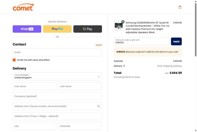 Comet checkout page showing Comet discount code box | Screenshot taken by SimplyCodes community member on May 5, 2025