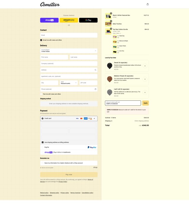 Cometeer checkout page showing Cometeer discount code box | Screenshot taken by SimplyCodes community member on Mar 31, 2025