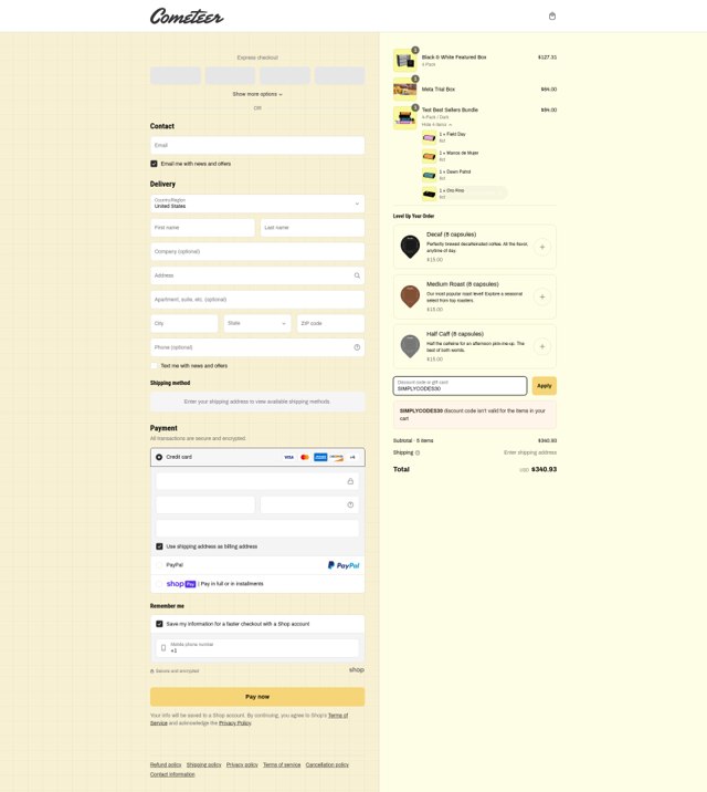 Cometeer checkout page showing Cometeer discount code box | Screenshot taken by SimplyCodes community member on Mar 6, 2025