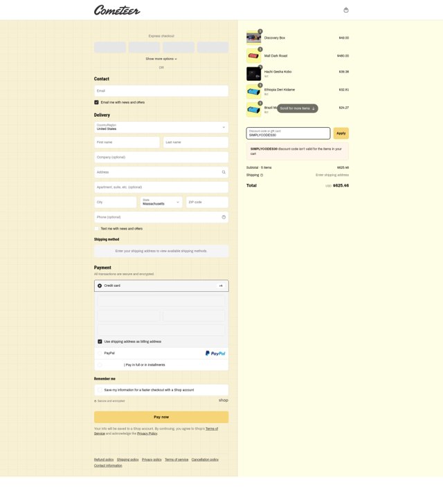 Cometeer checkout page showing Cometeer discount code box | Screenshot taken by SimplyCodes community member on Apr 20, 2025