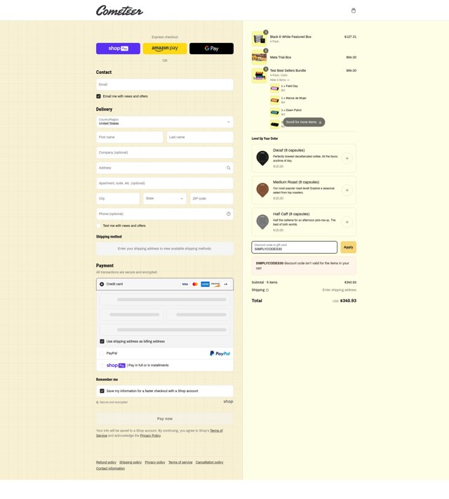Cometeer checkout page showing Cometeer discount code box | Screenshot taken by SimplyCodes community member on Mar 6, 2025