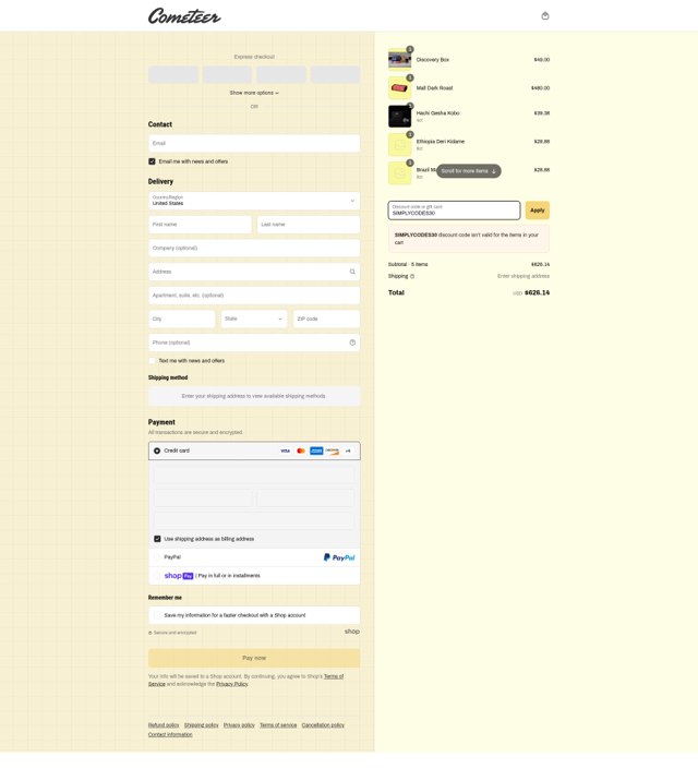 Cometeer checkout page showing Cometeer discount code box | Screenshot taken by SimplyCodes community member on Apr 9, 2025