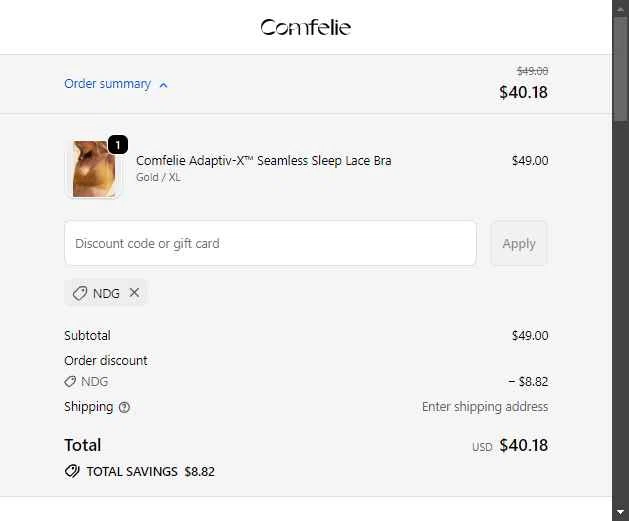 Comfelie checkout page showing Comfelie discount code box | Screenshot taken by SimplyCodes community member on Dec 31, 2025