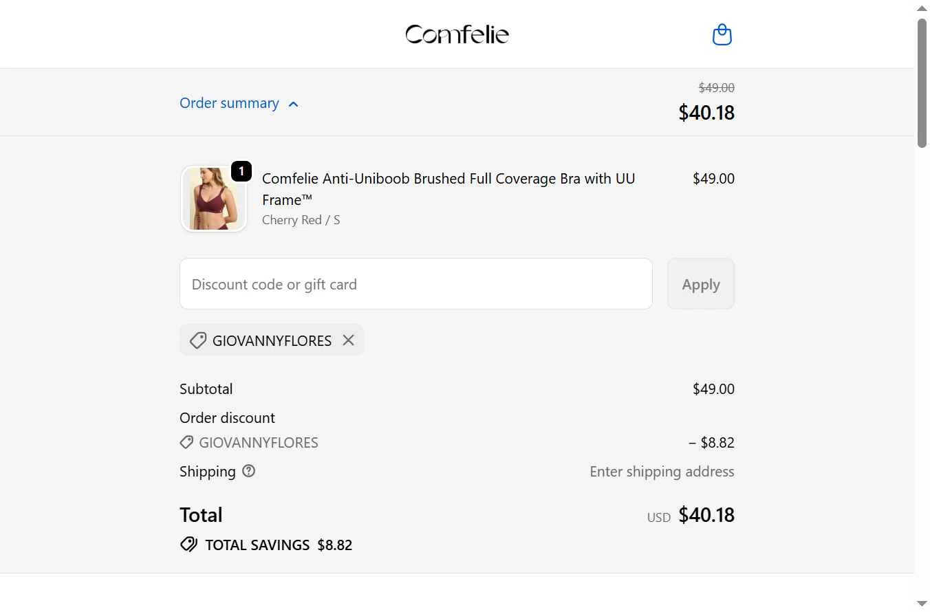 Comfelie checkout page showing Comfelie discount code box | Screenshot taken by SimplyCodes community member on Dec 31, 2025