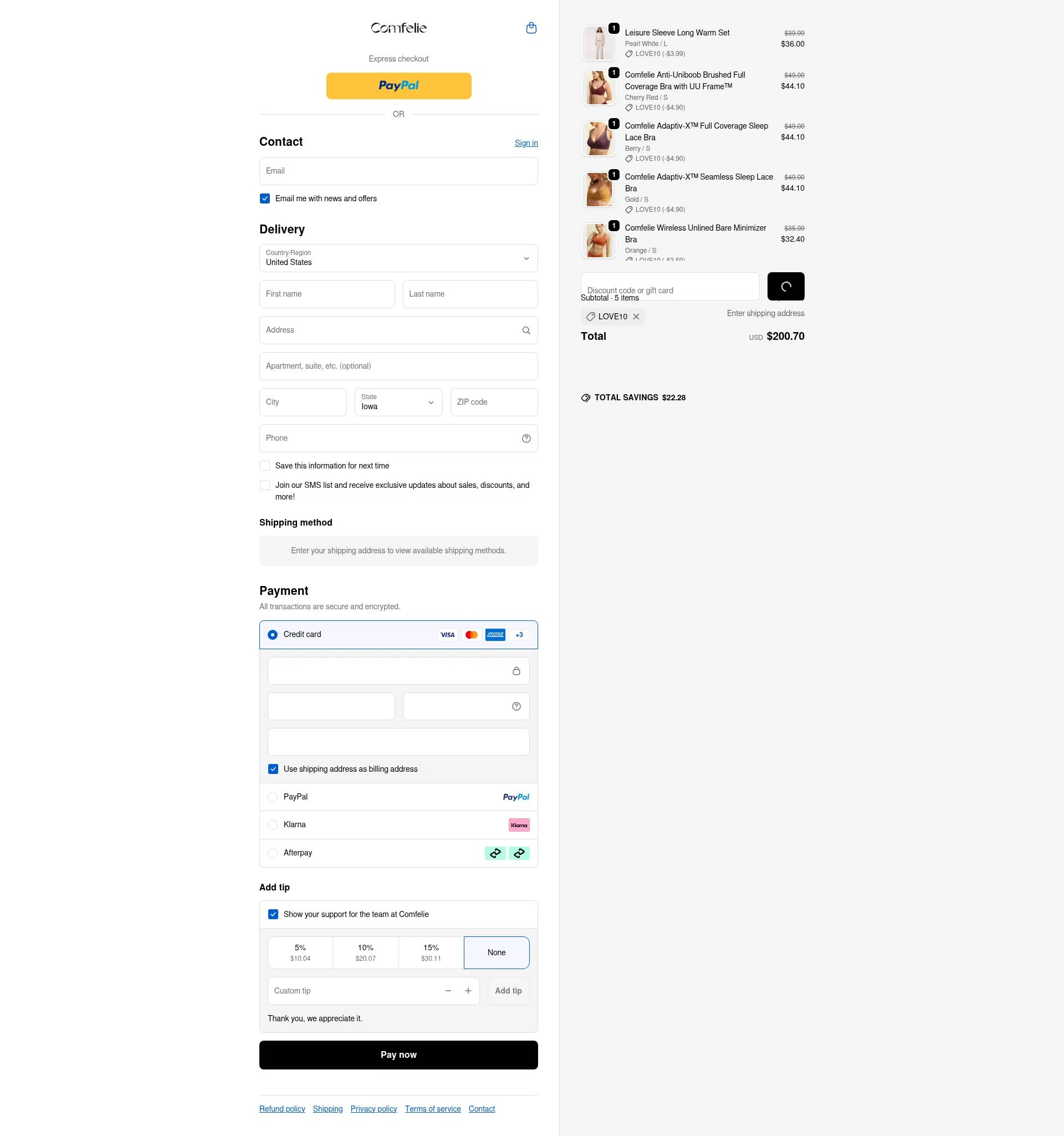 Comfelie checkout page showing Comfelie discount code box | Screenshot taken by SimplyCodes community member on Dec 28, 2025