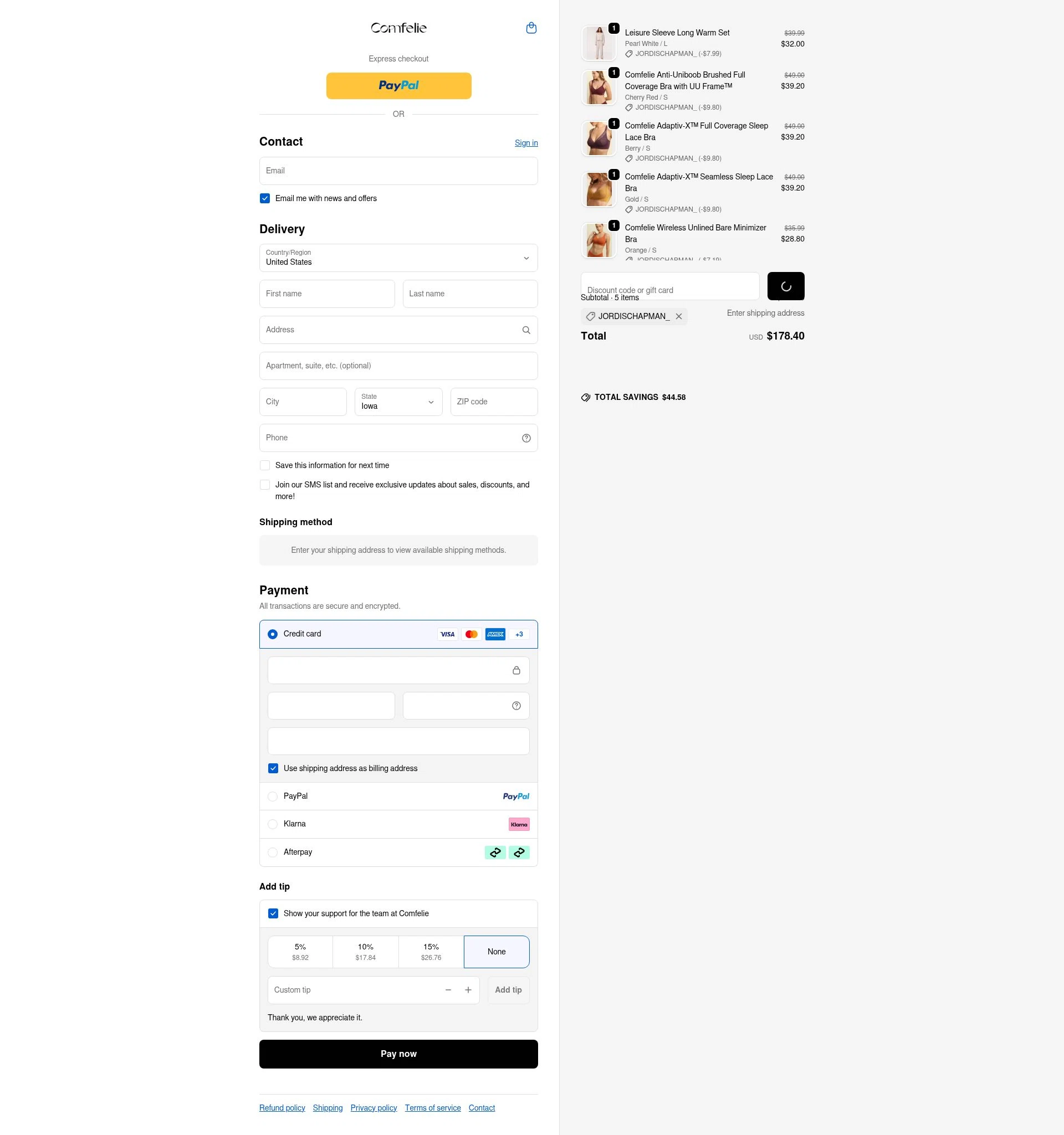 Comfelie checkout page showing Comfelie discount code box | Screenshot taken by SimplyCodes community member on Dec 28, 2025