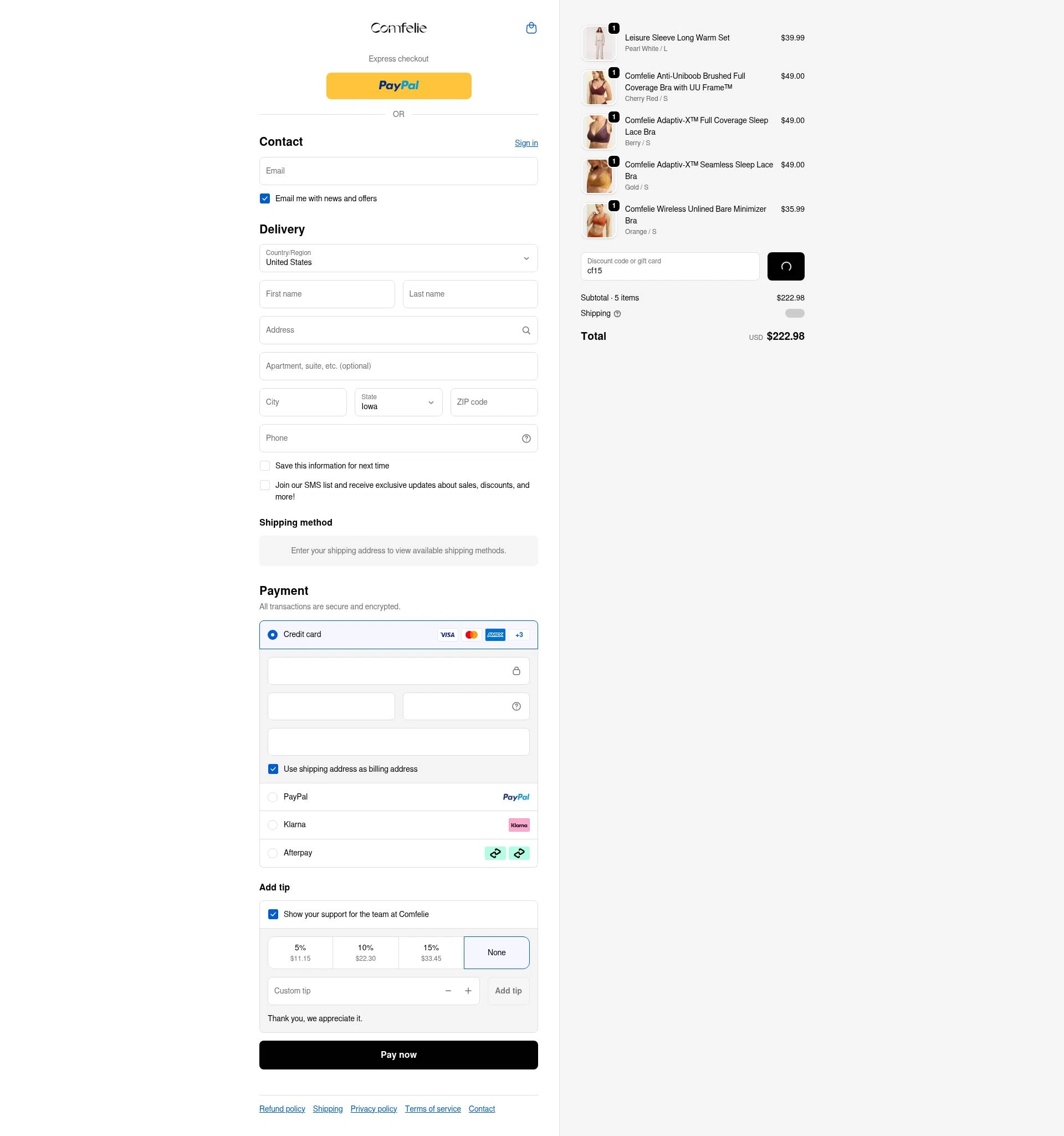 Comfelie checkout page showing Comfelie discount code box | Screenshot taken by SimplyCodes community member on Dec 28, 2025