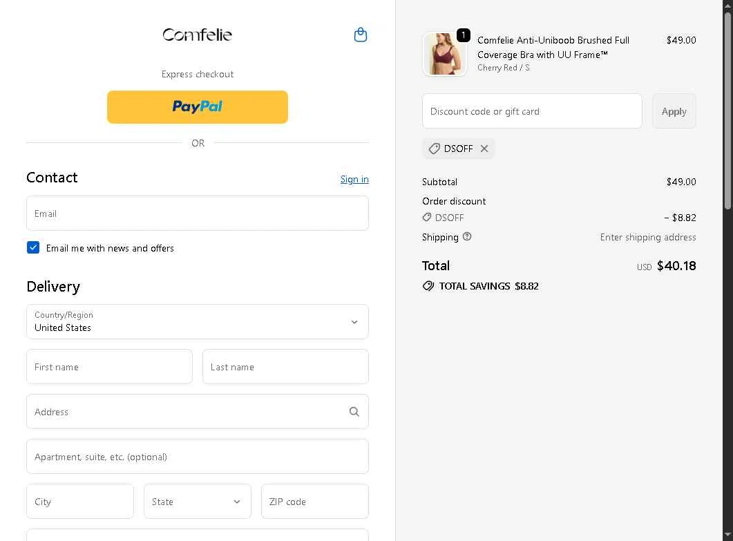Comfelie checkout page showing Comfelie discount code box | Screenshot taken by SimplyCodes community member on Dec 29, 2025