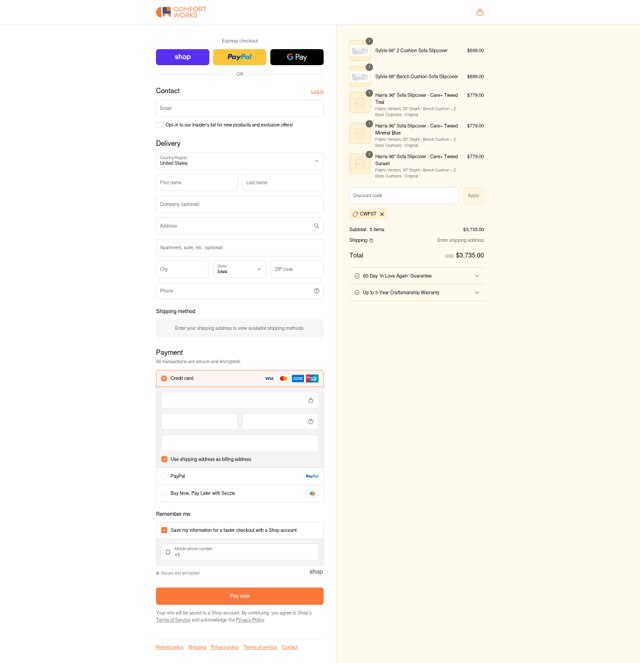 Comfort Works checkout page showing Comfort Works discount code box | Screenshot taken by SimplyCodes community member on Sep 1, 2025