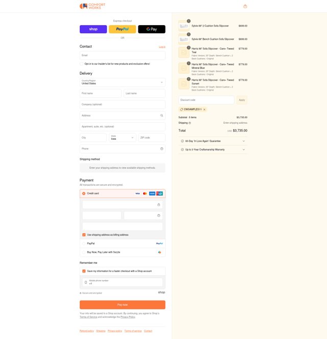 Comfort Works checkout page showing Comfort Works discount code box | Screenshot taken by SimplyCodes community member on Sep 1, 2025