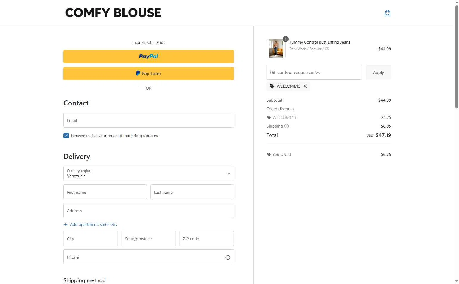 Comfy Blouse checkout page showing Comfy Blouse discount code box | Screenshot taken by SimplyCodes community member on Jan 16, 2026