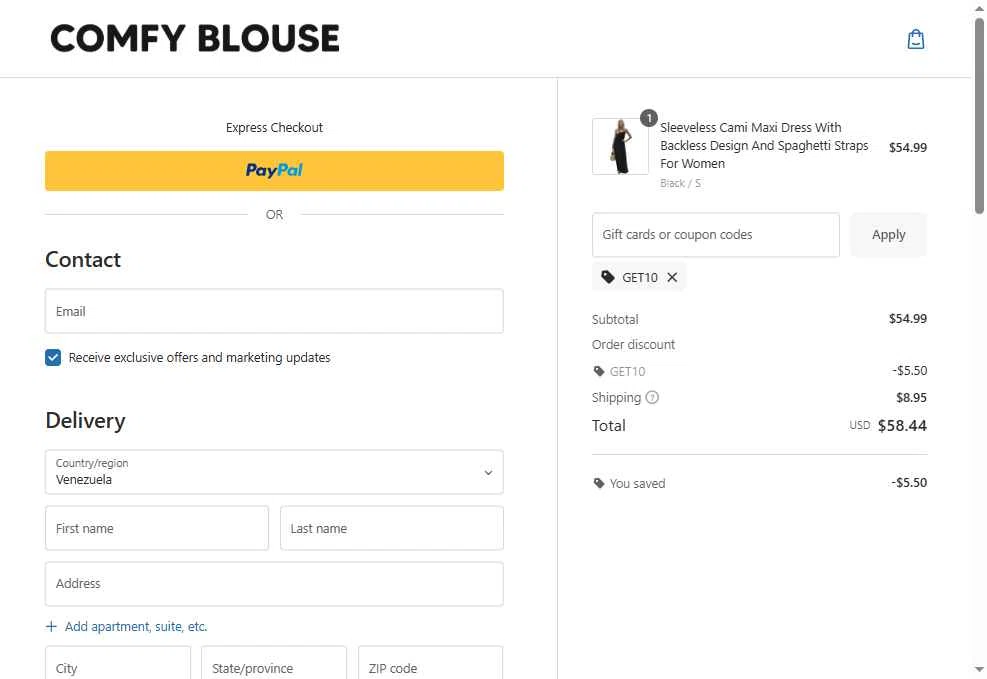 Comfy Blouse checkout page showing Comfy Blouse discount code box | Screenshot taken by SimplyCodes community member on Jan 10, 2026