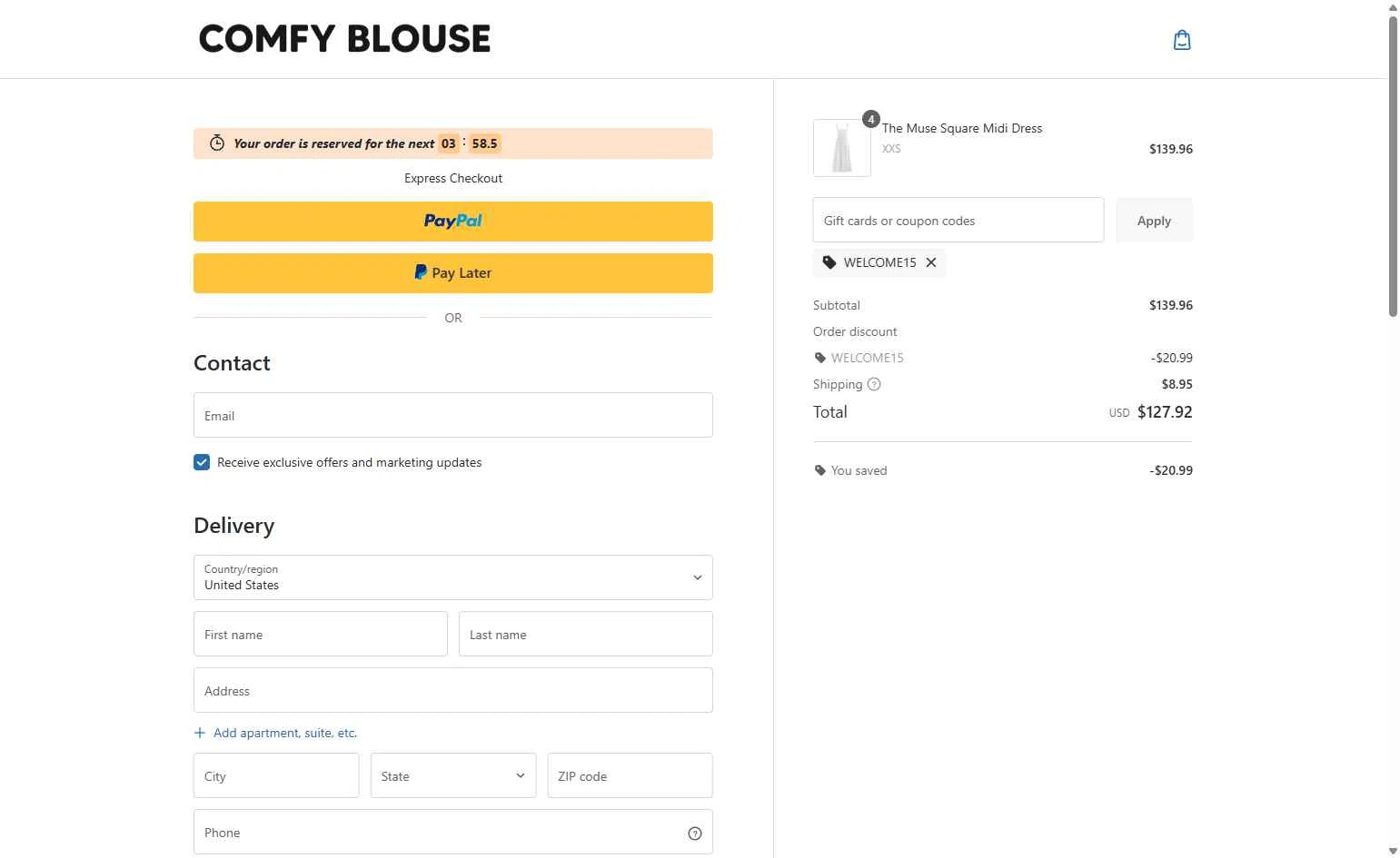 Comfy Blouse checkout page showing Comfy Blouse discount code box | Screenshot taken by SimplyCodes community member on Jan 16, 2026