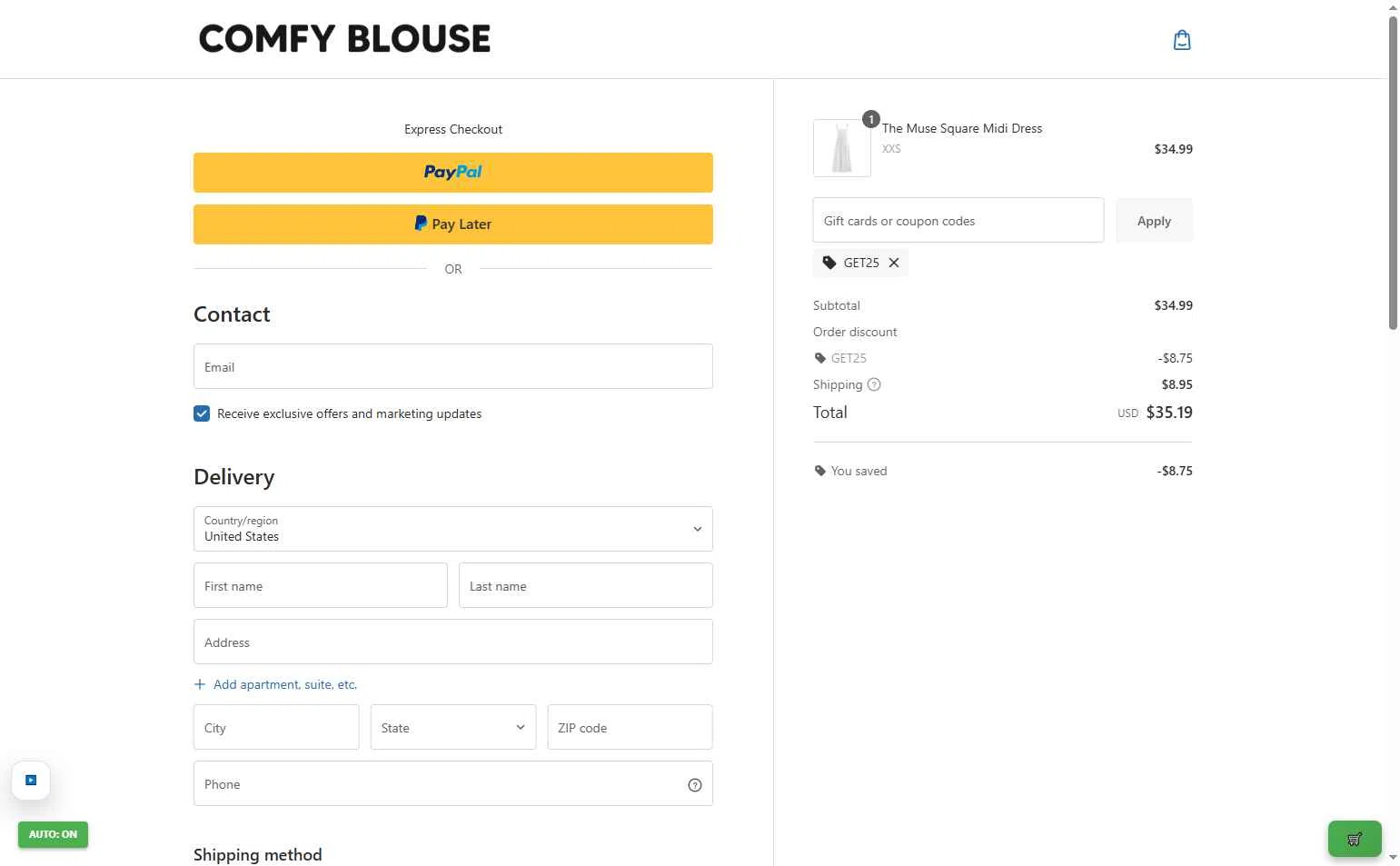 Comfy Blouse checkout page showing Comfy Blouse discount code box | Screenshot taken by SimplyCodes community member on Jan 16, 2026