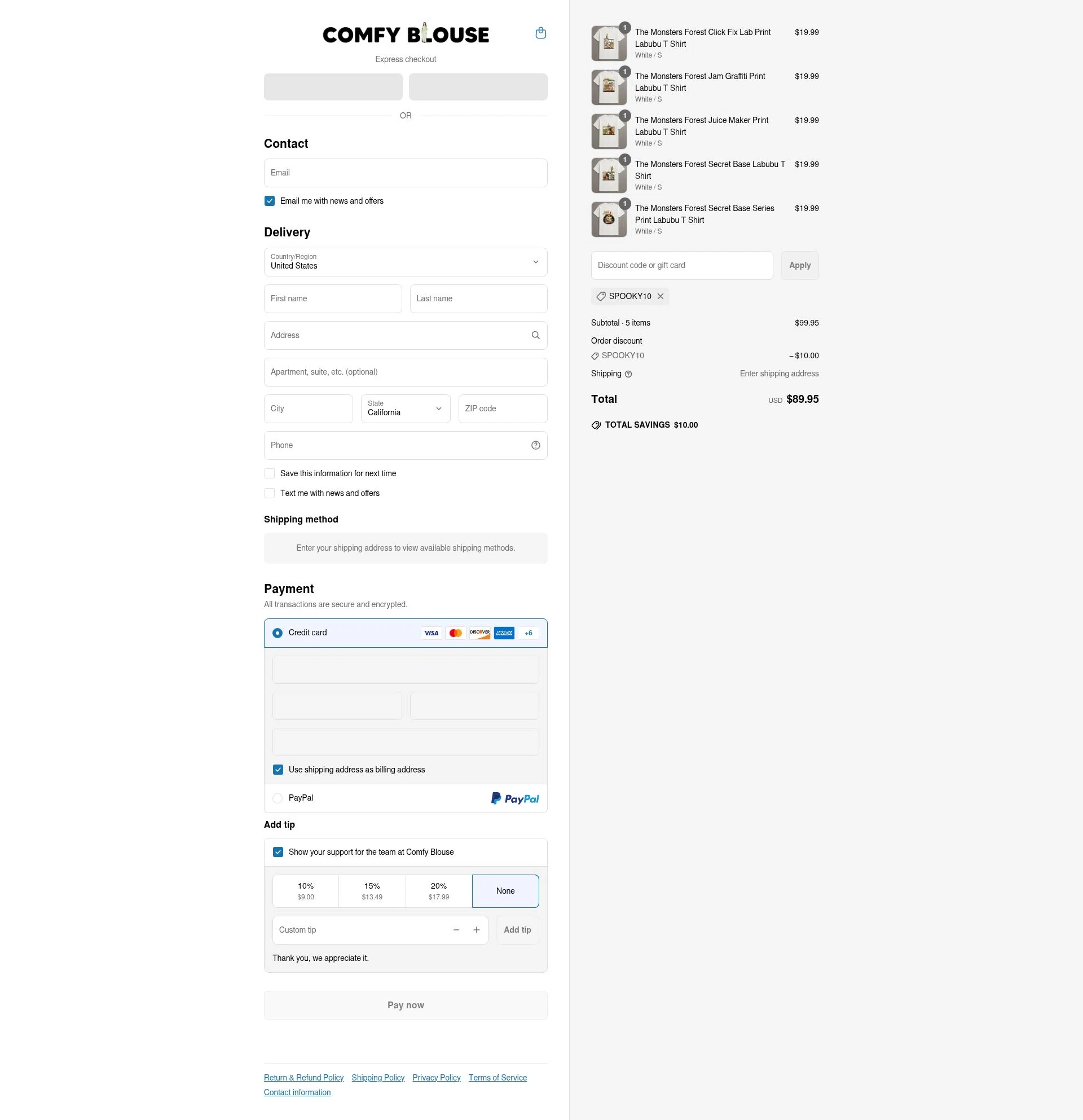 Comfy Blouse checkout page showing Comfy Blouse discount code box | Screenshot taken by SimplyCodes community member on Jun 30, 2025