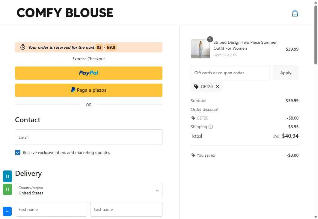 Comfy Blouse checkout page showing Comfy Blouse discount code box | Screenshot taken by SimplyCodes community member on Jan 16, 2026