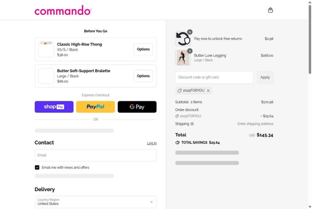 Commando checkout page showing Commando promo code box | Screenshot taken by SimplyCodes community member on Aug 23, 2025