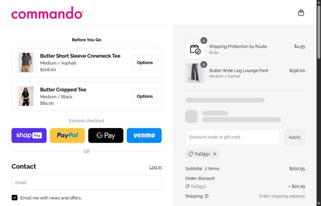 Commando checkout page showing Commando promo code box | Screenshot taken by SimplyCodes community member on Aug 10, 2025