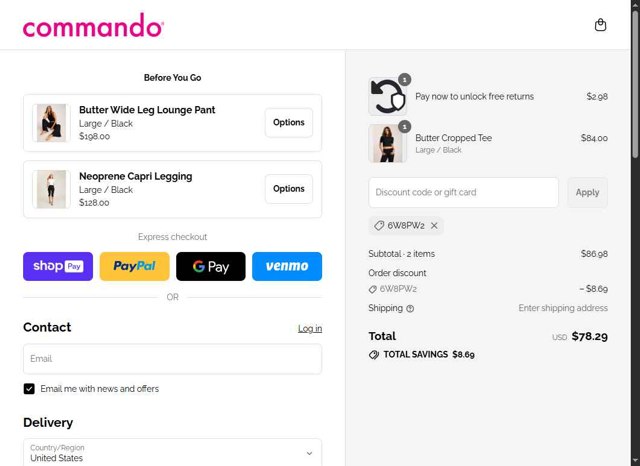 Commando checkout page showing Commando promo code box | Screenshot taken by SimplyCodes community member on Aug 28, 2025