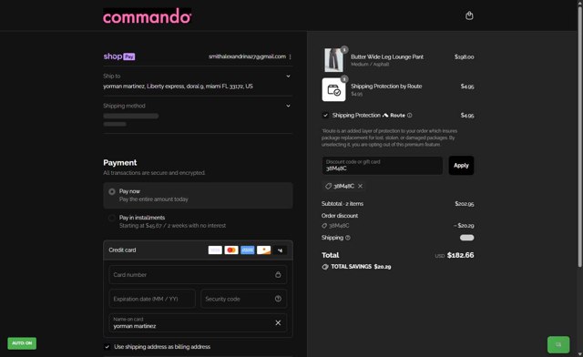 Commando checkout page showing Commando promo code box | Screenshot taken by SimplyCodes community member on Aug 18, 2025