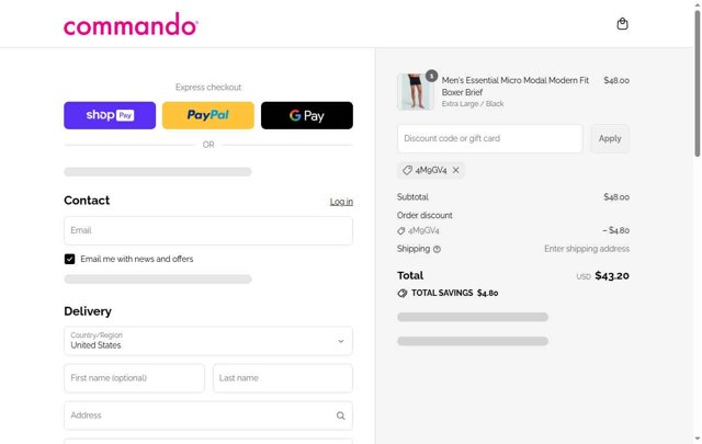 Commando checkout page showing Commando promo code box | Screenshot taken by SimplyCodes community member on Aug 8, 2025