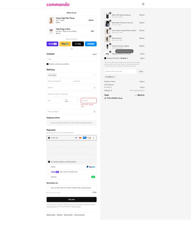 Commando checkout page showing Commando promo code box | Screenshot taken by SimplyCodes community member on Aug 9, 2025