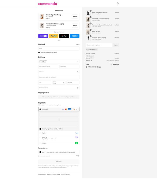 Commando checkout page showing Commando promo code box | Screenshot taken by SimplyCodes community member on Aug 22, 2025