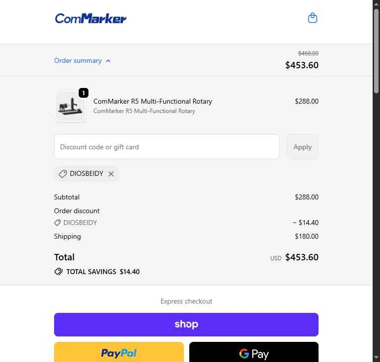 ComMarker checkout page showing ComMarker coupon code box | Screenshot taken by SimplyCodes community member on Feb 1, 2026