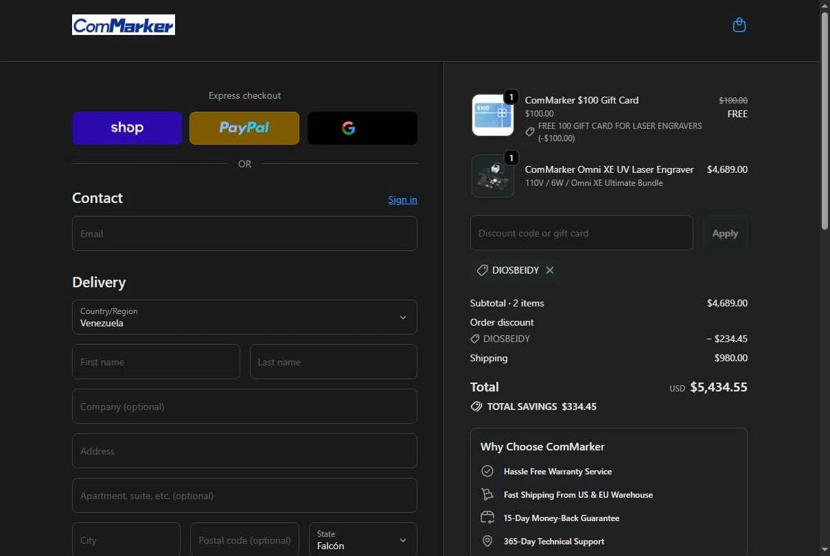 ComMarker checkout page showing ComMarker coupon code box | Screenshot taken by SimplyCodes community member on Feb 1, 2026
