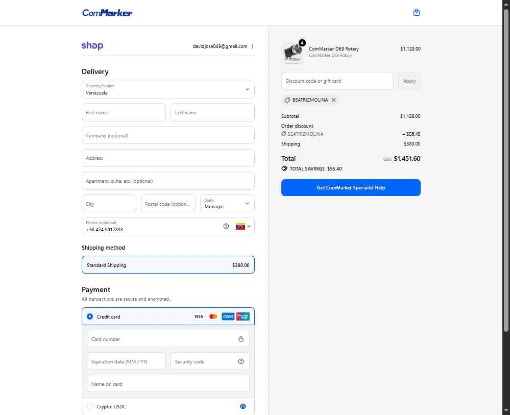 ComMarker checkout page showing ComMarker coupon code box | Screenshot taken by SimplyCodes community member on Jan 15, 2026