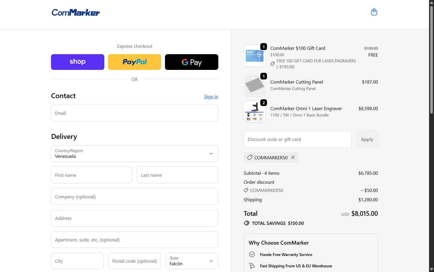 ComMarker checkout page showing ComMarker coupon code box | Screenshot taken by SimplyCodes community member on Feb 3, 2026